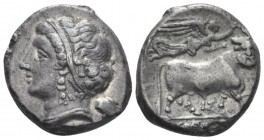 Campania, Neapolis Nomos circa 275-250, AR 18mm., 7.12g. Diademed head of nymph l.; behind, poppy. Rev. Man-headed bull standing r.; above, Nike flyin...