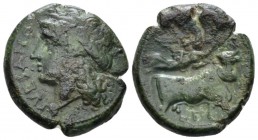 Campania, Suessa Bronze circa 265-240, Æ 21mm., 5.99g. Laureate head of Apollo l. Rev. Man-faced bull advancing r.; above, flying Nike r, holding wrea...