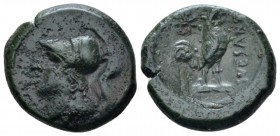 Campania, Suessa Bronze circa 265-240, Æ 20mm., 5.00g. Helmeted head of Minerva l. Rev. Cockerel r. SNG Copenhagen 588. SNG France 1177. Historia Numo...