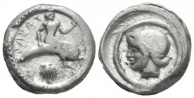 Calabria, Tarentum Nomos circa 470-465, AR 18mm., 7.92g. TARAS retrograde Phalantos seated on dolphin r.; below, shell. Rev. Female head l. (Satyra ?)...