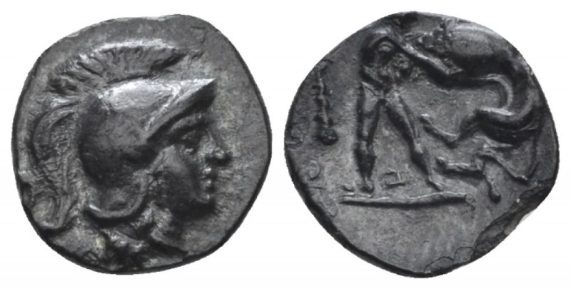Calabria, Tarentum Diobol circa 325-280, AR 13mm., 1.00g. Head of Athena r., wea...