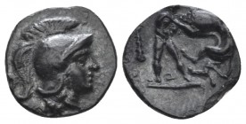 Calabria, Tarentum Diobol circa 325-280, AR 13mm., 1.00g. Head of Athena r., wearing Attic helmet. Rev. Hercules strangling the Nemean lion r.; in l. ...