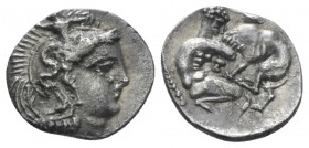 Calabria, Tarentum Diobol circa 325-280, AR 12mm., 0.90g. Head of Athena r., wearing Attic helmet decorated with Scylla. Rev. Hercules strangling the ...