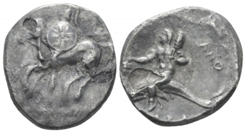 Calabria, Tarentum Nomos circa 280-272 BC, AR 20mm., 6.28g. Warrior on horseback...