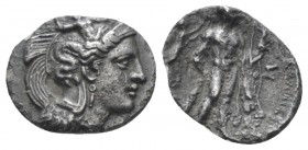 Lucania, Heraklea Diobol circa 340-330, AR 12mm., 0.87g. Head of Athena r., wearing Corinthian helmet decorated with Scylla. Rev. Heracles standing r....