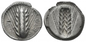 Lucania, Metapontum Drachm circa 540-510, AR 16mm., 2.50g. Ear of barley. Rev. The same type incuse. Noe 82. Historia Numorum Italy 1480. Metal flaw o...