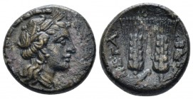 Lucania, Metapontum Bronze circa 225-200, Æ 16mm., 4.50g. Head of Demeter r., wearing barley wreath. Rev. Two ears of barley; owl on stalk r. Johnston...