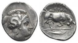 Lucania, Sybaris as Thurium Triobol circa 400-350, AR 12mm., 0.91g. Head of Athena r., wearing Attic helmet decorated with Scylla hurling a stone. Rev...