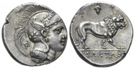 Lucania, Velia Nomos circa 300-280, AR 21mm., 7.55g. Head of Athena r., wearing crested and winged helmet, decorated with olive-wreath; behind neckgua...