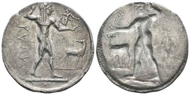 Bruttium, Caulonia Nomos circa 525-500, AR 29.8mm., 7.07g. Apollo, diademed, wal...