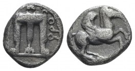 Bruttium, Croton Triobol circa 525-425, AR 10mm., 1.16g. Tripod, legs ending in lion paws. Rev. Pegasus flying r. SNG ANS 329 var. (obverse legend). H...