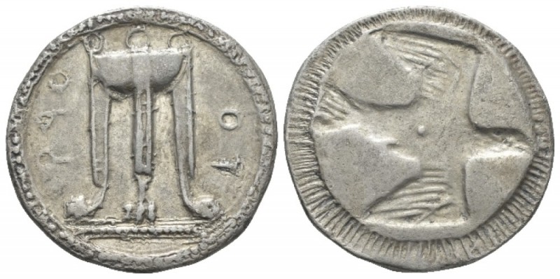 Bruttium, Croton Nomos circa 530-500, AR 24.8mm., 7.54g. Tripod with legs ending...