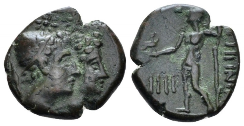 Bruttium, Rhegium Tetras circa 215-150, Æ 15mm., 2.78g. Jugate head of Dioskuroi...