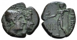 Bruttium, Rhegium Tetras circa 215-150, Æ 15mm., 2.78g. Jugate head of Dioskuroi r. Rev. Asklepios standing l. SNG ANS 776. Historia Numorum Italy 255...