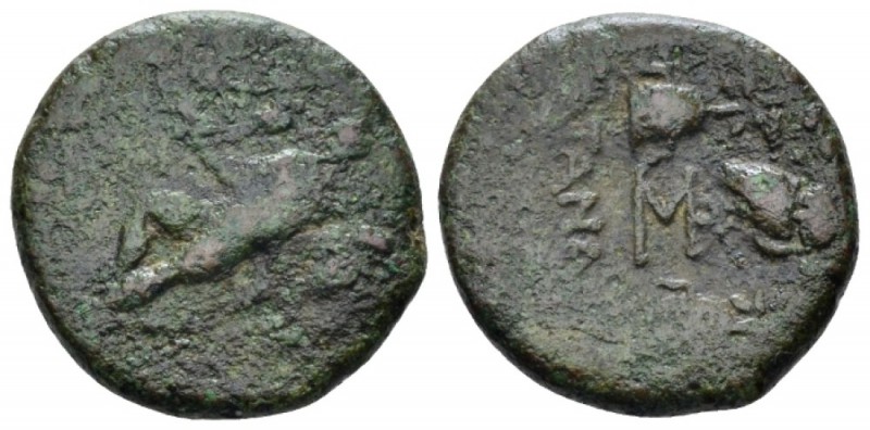 Sicily, Catana Bronze after 212, Æ 21mm., 10.53g. Head of Hermes r., wearing win...