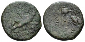 Sicily, Catana Bronze after 212, Æ 21mm., 10.53g. Head of Hermes r., wearing winged petasos. Rev. Nike advancing l., holding wreath. SNG ANS 1295. Cal...