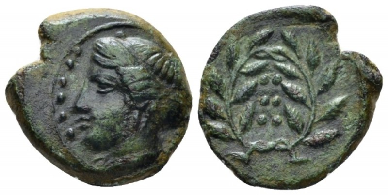 Sicily, Himera Hemilitron circa 420, Æ 18mm., 3.76g. Head of nymph l.; six pelle...