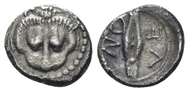 Sicily, Leontini Litra circa 470-465, AR 10mm., 0.68g. Lion-mask facing. Rev. Ba...