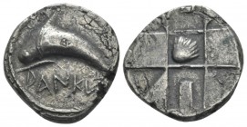 Sicily, Zankle under the Samians Messana Chalcidian drachm Circa 500-493, AR 18.1mm., 5.25g. Dolphin swimming l. within sickle-shaped open harbour; ou...