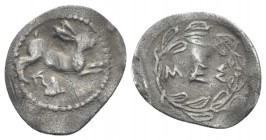 Sicily, Messana Litra circa 460-426, AR 13mm., 0.48g. Hare springing r.; below, leaf. Rev. MEΣ within wreath. Caltabiano 407 SNG ANS 351.
 
 Lightly...