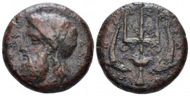 Sicily, Messana Tetras circa 338-331, Æ 24mm., 15.85g. Head of Poseidon l. Rev. Trident between two dolphins. Calciati 16. SNG Copenhagen 422.

Nice...