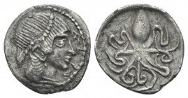 Sicily, Syracuse Litra circa 470, AR 12mm., 1.06g. Pearl-diademed head of nymph Arethusa r. Rev. Octopus. SNG ANS 138. Boehringer series B15-B24.

N...