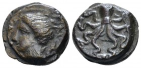 Sicily, Syracuse Tetras circa 425-410, Æ 13mm., 3.17g. Head of Arethusa l.; dolphin before and behind. Rev. Octopus. Calciati 12. SNG ANS –.

Nice b...