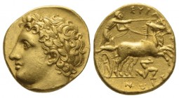 Sicily, Syracuse Decadrachm circa 317-310, AV 14mm., 4.30g. Laureate head of Apollo l.; behind head, Σ. Rev. Prancing biga driven r. by charioteer hol...