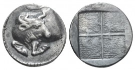 Macedonia, Acanthus Tetrobol circa 470-390, AR 14mm., 1.57g. Forepart of bull l., head looking back; above, olive spray. Rev. Quadripartite incuse squ...