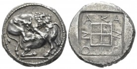 Macedonia, Acanthus Tetradrachm circa 430-390, AR 24.5mm., 16.90g. Bull with head raised, crouching to l. attacked by lion leaping on its back to r. A...
