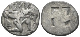 Kingdom of Thrace, Thasos Stater circa 525-463, AR 22mm., 7.14g. Stater , AR 22mm., 7.14g.. Naked ithyphallic satyr supporting nymph under thighs with...