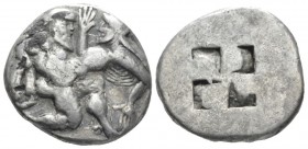 Island of Thrace, Thasos Stater circa 525-463, AR 22mm., 8.33g. Naked ithyphallic satyr supporting nymph under thighs with r. arm, the l. hand under h...