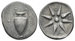 Epirus, Corcyra Triobol circa 300-339, AR 15mm., 2.50g. Amphora. Rev. Star of eight rays. SNG Copenhagen 158.

Attractive old cabinet tone, Very Fin...