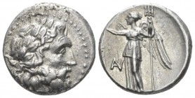 Boeotia, Federal Coinage. Thebes Drachm circa 225-171 BC, AR 18mm., 4.93g. Laureate head of Zeus r. Rev. Nike standing l., holding trident; in l. fiel...