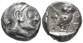 Attica, Athens Tetradrachm circa, AR 22mm., 16.57g. Helmeted head of Athena r. Rev. Owl, standing r., in upper l. field, olive sprig and crescent moon...