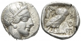 Attica, Athens Tetradrachm after 449, AR 25mm., 17.15g. Head of Athena r., wearing Attic helmet decorated with olive leaves and palmette. Rev. Owl sta...
