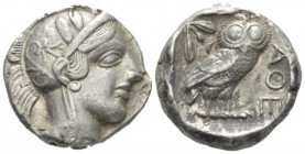 Attica, Athens Tetradrachm after 449, AR 25mm., 17.16g. Head of Athena r., wearing Attic helmet decorated with olive leaves and palmette. Rev. Owl sta...