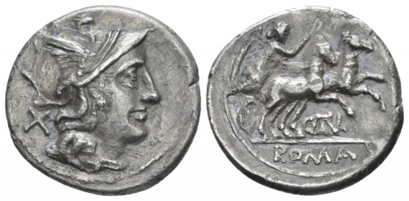 C. Iuventius Thalna. Denarius circa 154, AR 19mm., 3.59g. Helmeted head of Roma ...