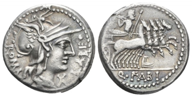 Q. Fabius Labeo. Denarius circa 124, AR 18.5mm., 3.88g. Helmeted head of Roma r....