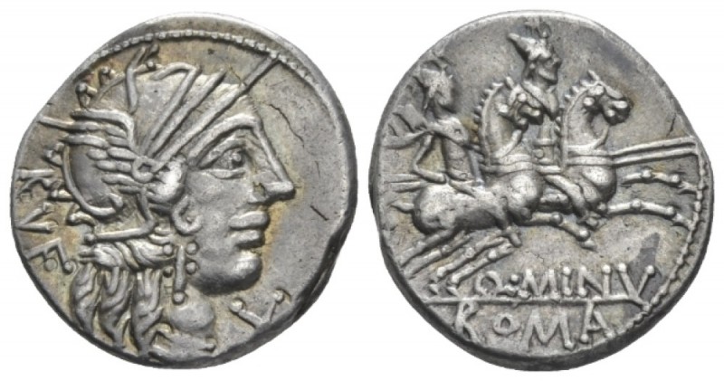 Q. Minicius Rufus. Denarius circa 122, AR 17.5mm., 3.85g. Helmeted head of Roma ...