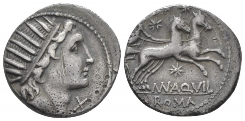 Mn. Aquillius. Denarius 109 or 108, AR 18.5mm., 3.83g. Head of Sol r., before, X...