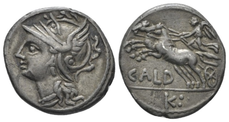 C. Coelius Caldus. Denarius circa 104, AR 17.5mm., 3.88g. Helmeted head of Roma ...