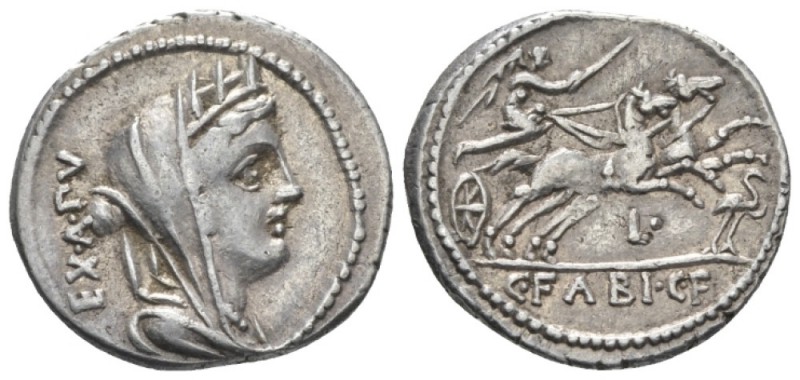 C. Fabius C.f. Hadrianus Denarius circa 102, AR 20.5mm., 3.89g. Turreted and vei...