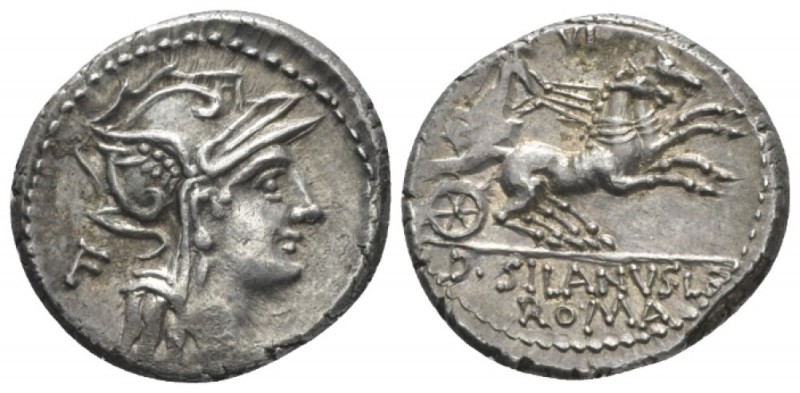 D. Iunius Silanus L.f. Denarius circa 91, AR 19mm., 3.81g. Helmeted head of Roma...