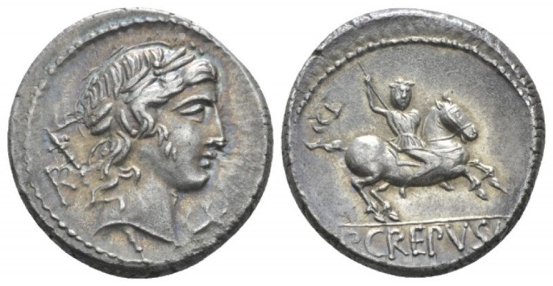 P. Crepusius. Denarius circa 82, AR 17.5mm., 3.75g. Laureate head of Jupiter Axu...