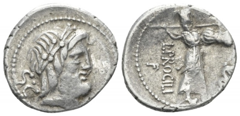 L. Procilius. Denarius circa 80, AR 19mm., 3.73g. Laureate head of Jupiter r.; b...