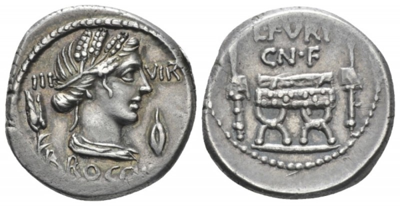 L. Furius Cn. f. Brocchus. Denarius circa 63, AR 18.5mm., 4.00g. III – VIR Head ...