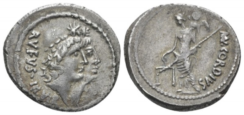 Mn. Cordius Rufus. Denarius circa 46, AR 19mm., 3.86g. Jugate heads of the Diosc...