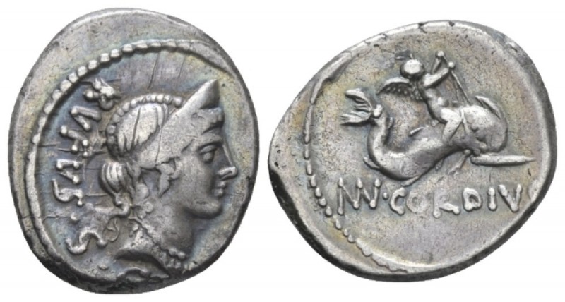 Mn. Cordius Rufus. Denarius circa 46, AR 17mm., 3.97g. RVFVS·S·C· Diademed head ...