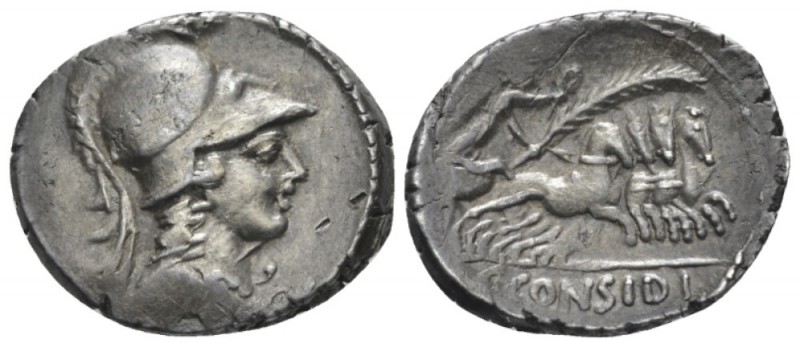 C. Considius Paetus. Denarius circa 46, AR 19.5mm., 3.69g. Helmeted bust of Mine...